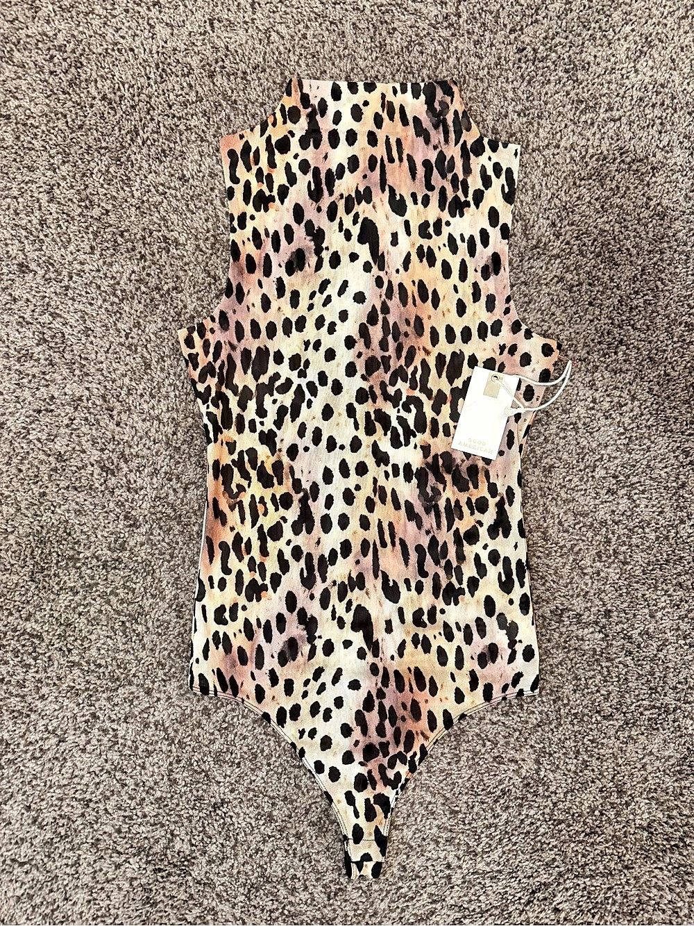 Good American Printed Funnel Neck Body Animal Print Bodysuit in Pink & Black NWT